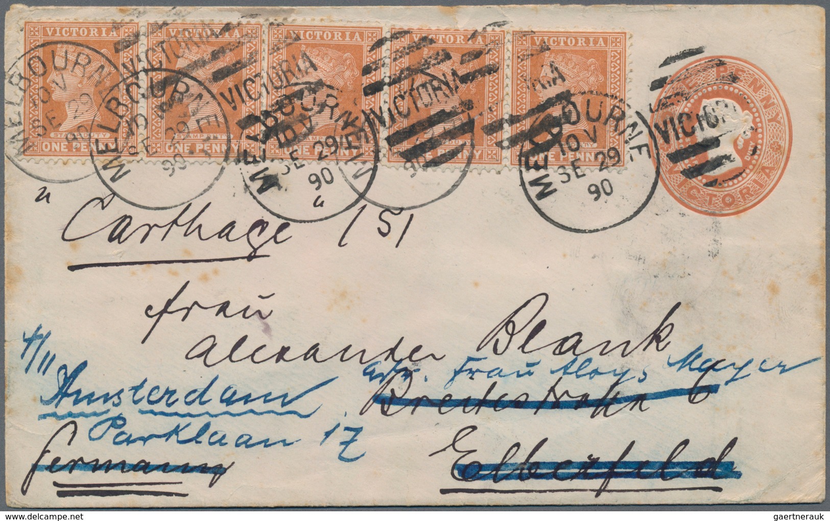 Victoria: 1890 (29.9.), Stat. Envelope QV 1d. Chesnut Uprated With QV 1d. Chestnut Pair + Strip/3 Co - Covers & Documents