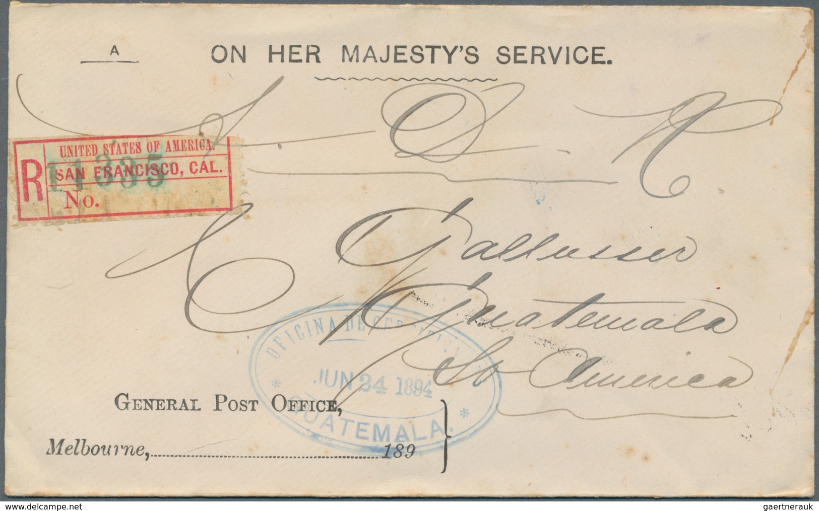 Victoria - Destinationen: 1894, Unfranked Official Service Cover "ON HER MAJESTY'S SERVICE" Sent Reg - Covers & Documents