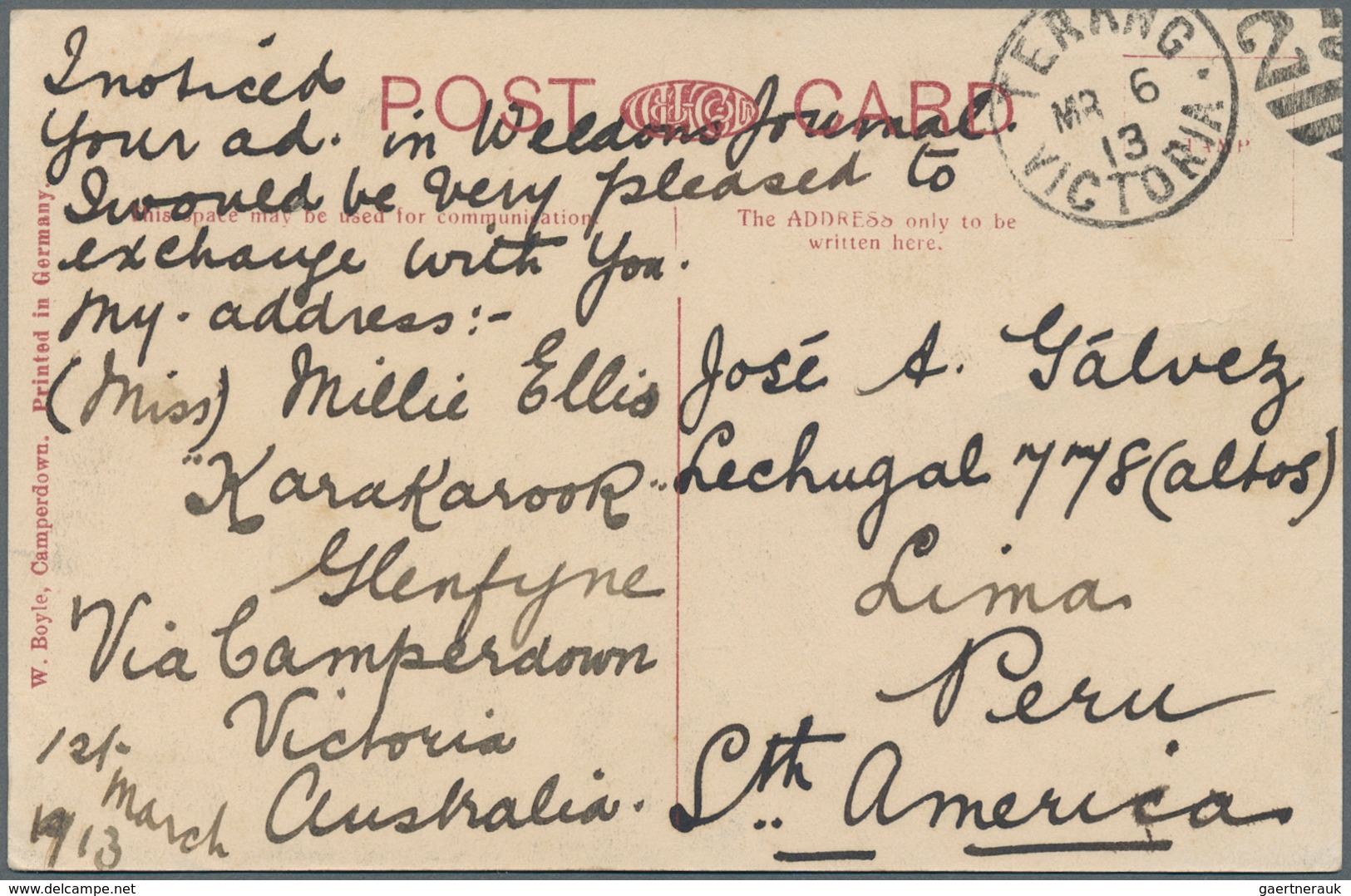 Victoria - Destinationen: 1913, Mixed Franking 1/2 D Victoria And 1 D Kangaroo, Australia On Ppc "Po - Covers & Documents