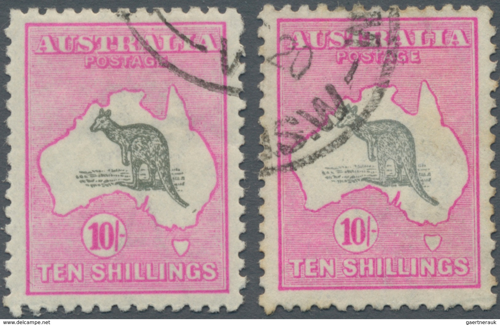 Australien: 1918, Kangaroo 10s Grey And Bright Aniline Pink 3rd Wmk. In Two Shades Both Used With Fi - Andere & Zonder Classificatie