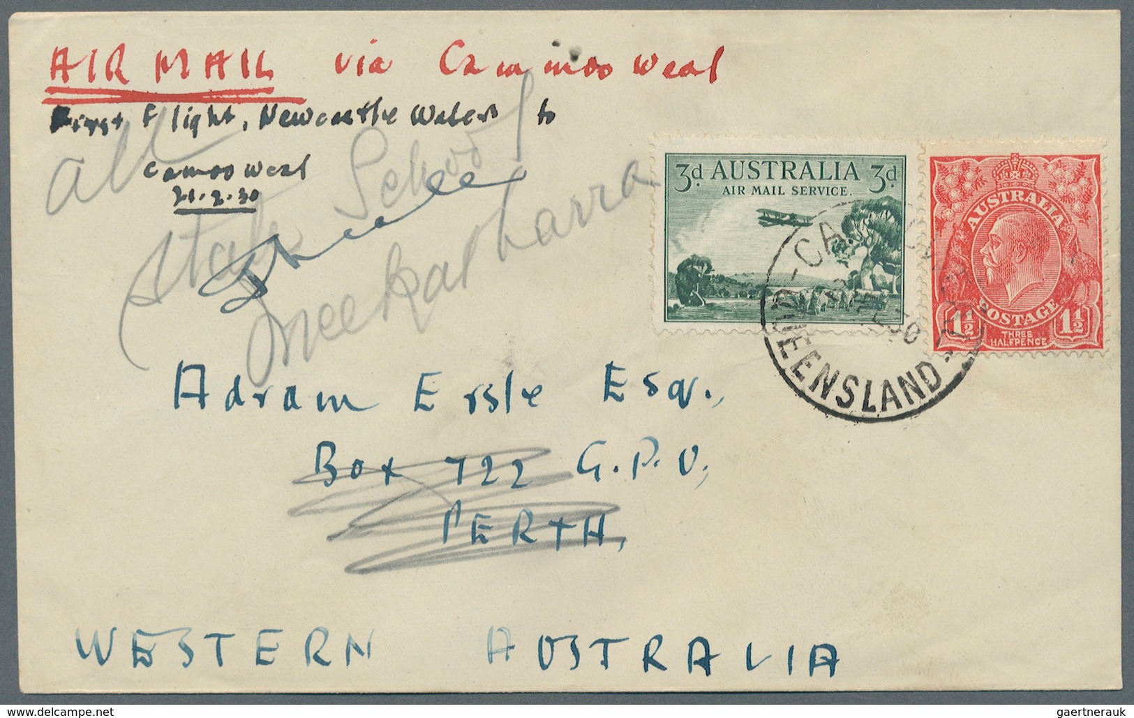 Australien: 1930 (18.-24.2.), eight first flight covers each bearing airmail 3d green + KGV 1 1/2d s
