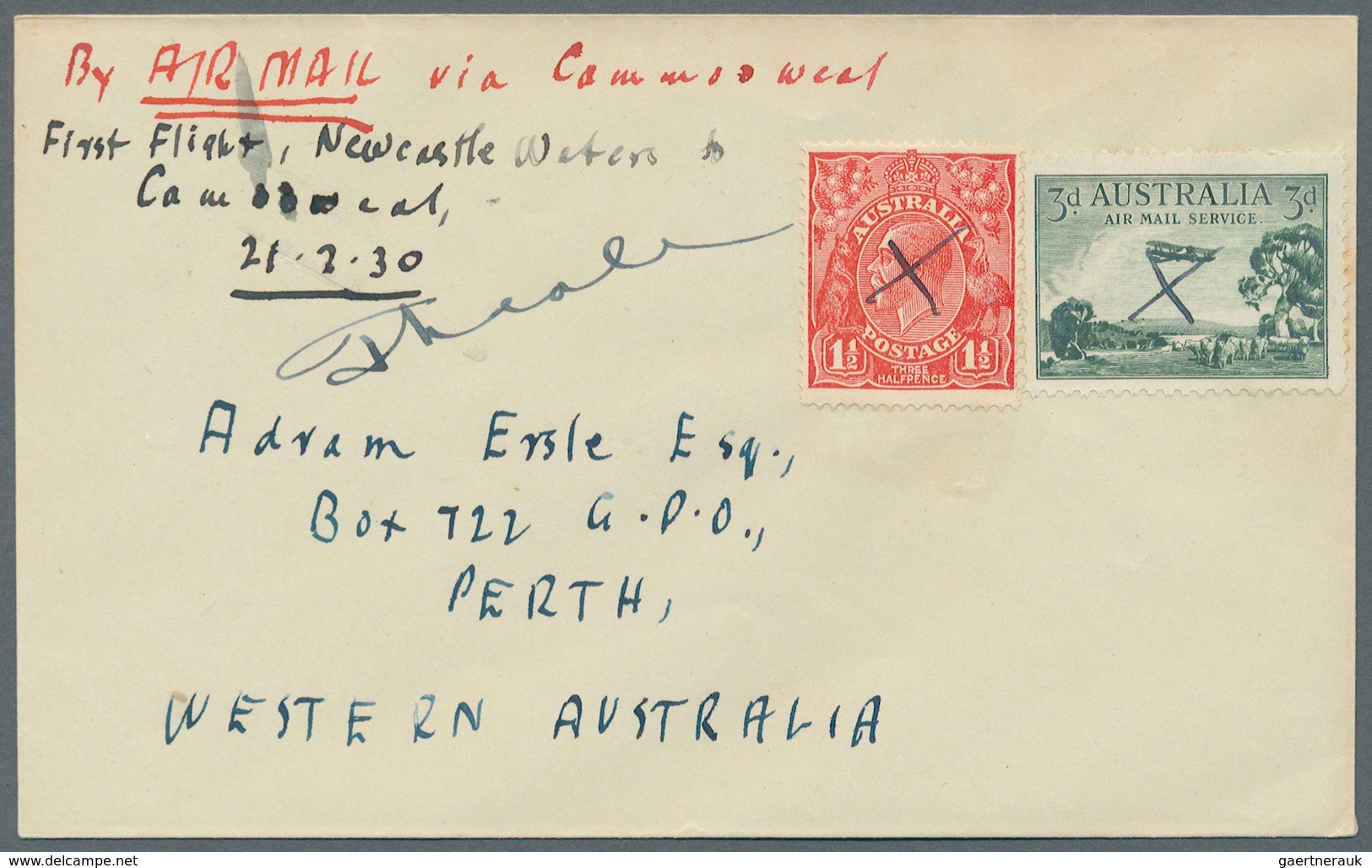 Australien: 1930 (18.-24.2.), eight first flight covers each bearing airmail 3d green + KGV 1 1/2d s