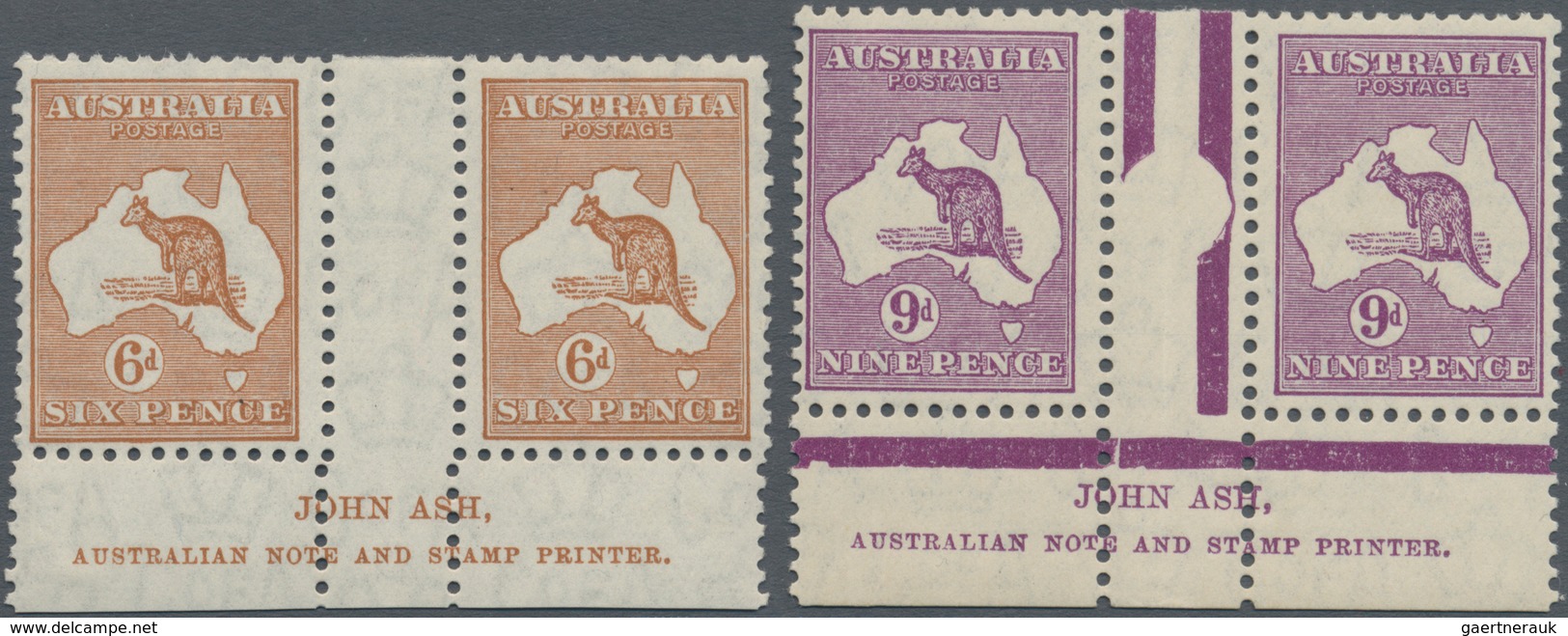 Australien: 1932, Kangaroos With CofA Wmk. 6d. Chestnut And 9d. Violet In Horizontal Gutter Pairs Wi - Andere & Zonder Classificatie