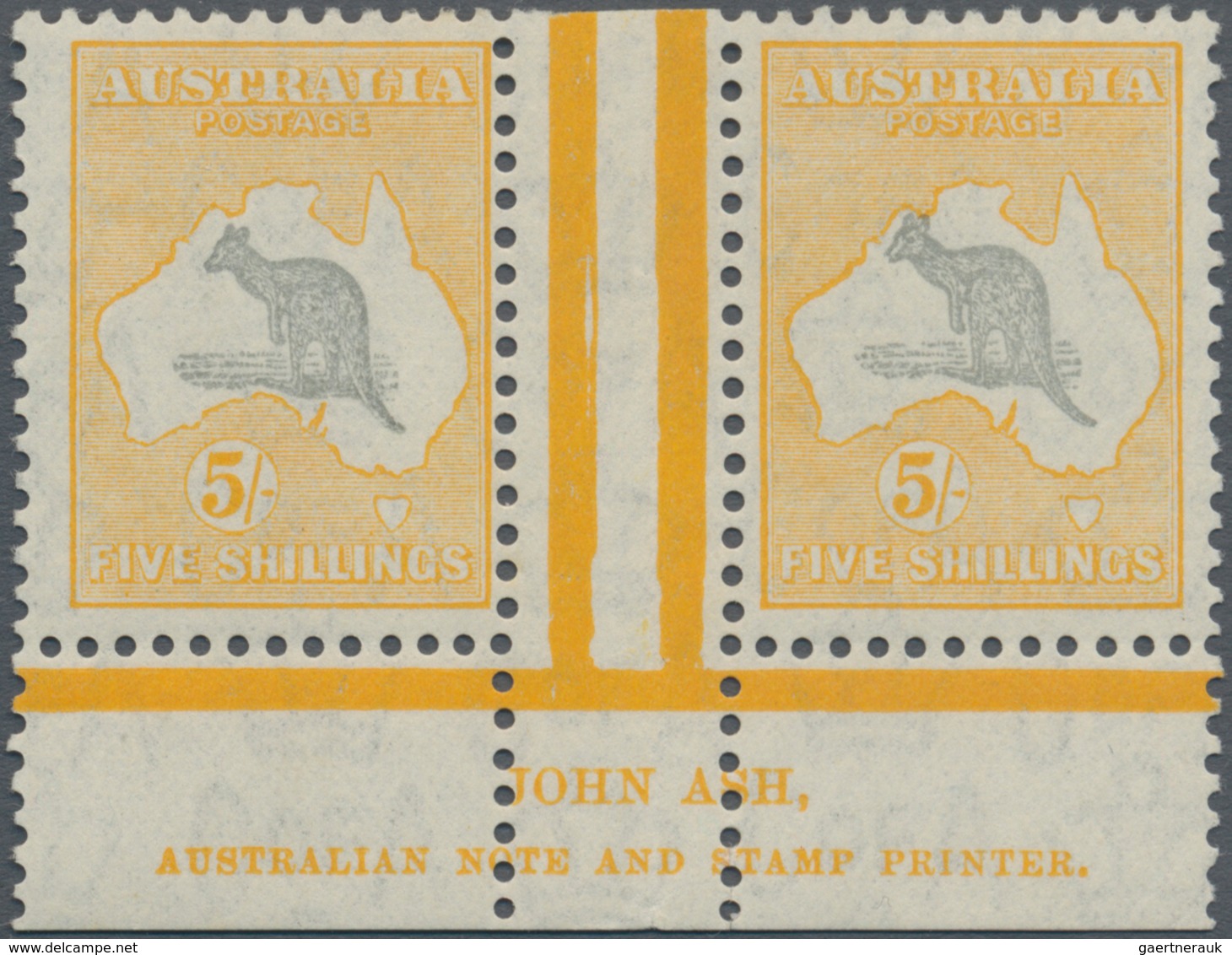 Australien: 1932, Kangaroo 5s. Grey And Yellow With CofA Wmk. Horizontal Gutter Pair With 'JOHN ASH' - Andere & Zonder Classificatie