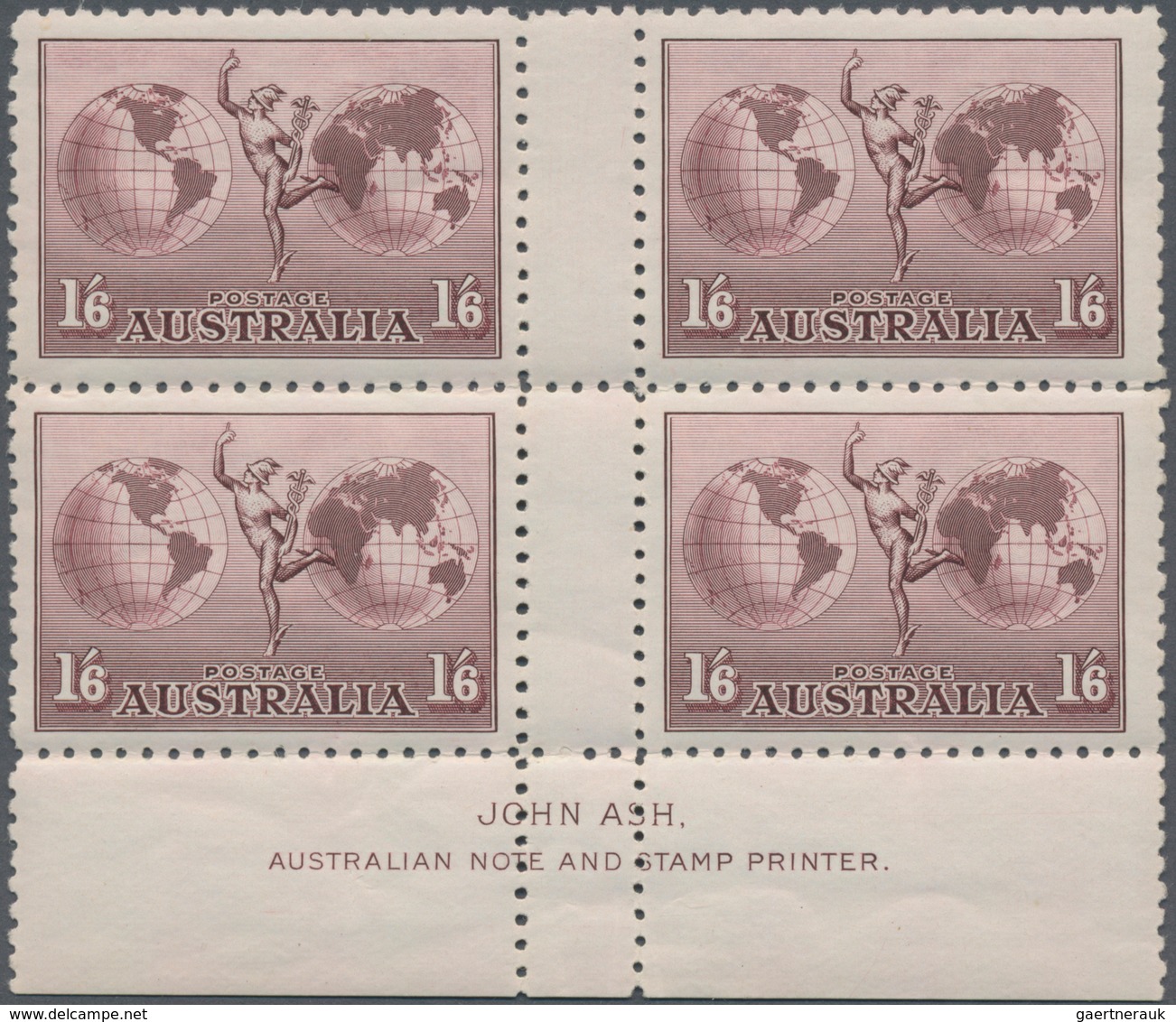 Australien: 1934, Hermes 1s.6d. Dull Purple Without Wmk. Perf. 11 Gutter Block Of Four With 'JOHN AS - Andere & Zonder Classificatie