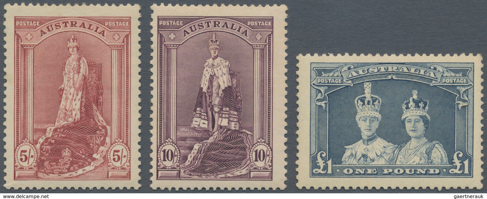 Australien: 1938 KGVI. Definitives 5s. Claret, 10s. Dull Purple And £1 Bluish Slate All Mint Lightly - Andere & Zonder Classificatie