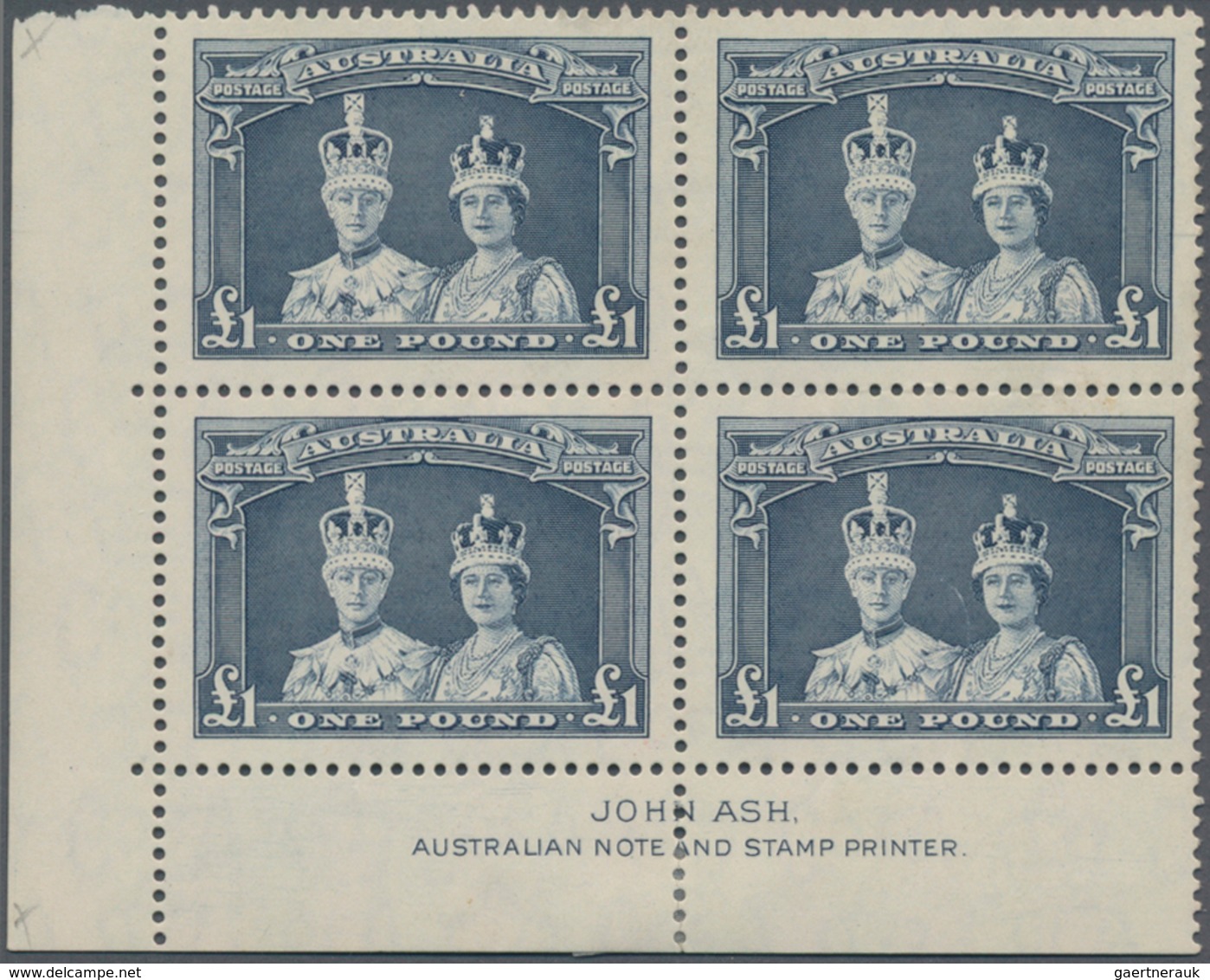 Australien: 1938, Coronation Robes £1 Bluish Slate Thick Paper Block Of Four From Lower Left Corner - Other & Unclassified