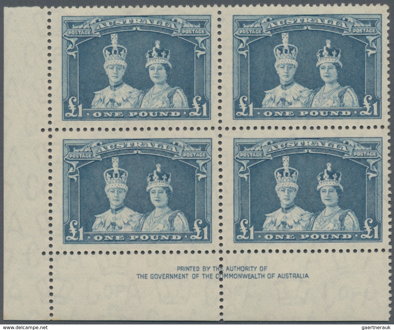 Australien: 1948/1949, Coronation Robes Set Of Three (5s., 10s. And £1) Thin Paper Blocks Of Four Fr - Andere & Zonder Classificatie