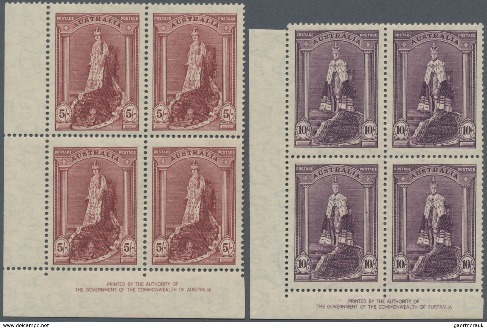 Australien: 1948/1949, Coronation Robes Set Of Three (5s., 10s. And £1) Thin Paper Blocks Of Four Fr - Other & Unclassified