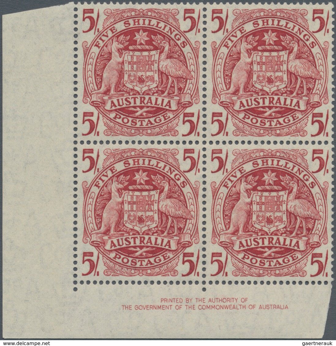 Australien: 1951, Coat Of Arms 5s. Claret THIN PAPER Variety Block Of Four From Lower Left Corner Wi - Andere & Zonder Classificatie