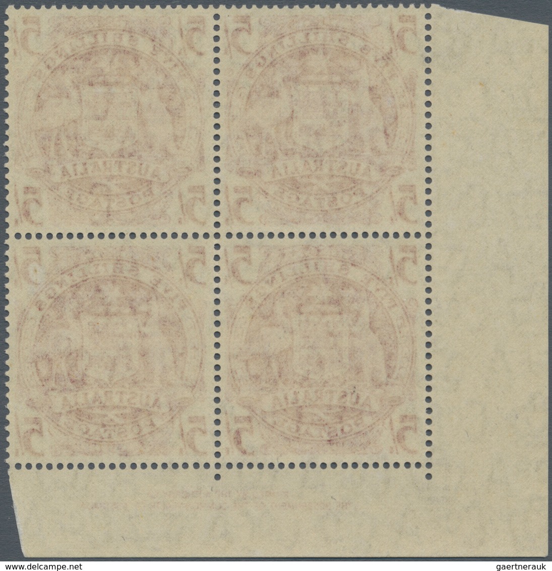 Australien: 1951, Coat Of Arms 5s. Claret THIN PAPER Variety Block Of Four From Lower Left Corner Wi - Andere & Zonder Classificatie