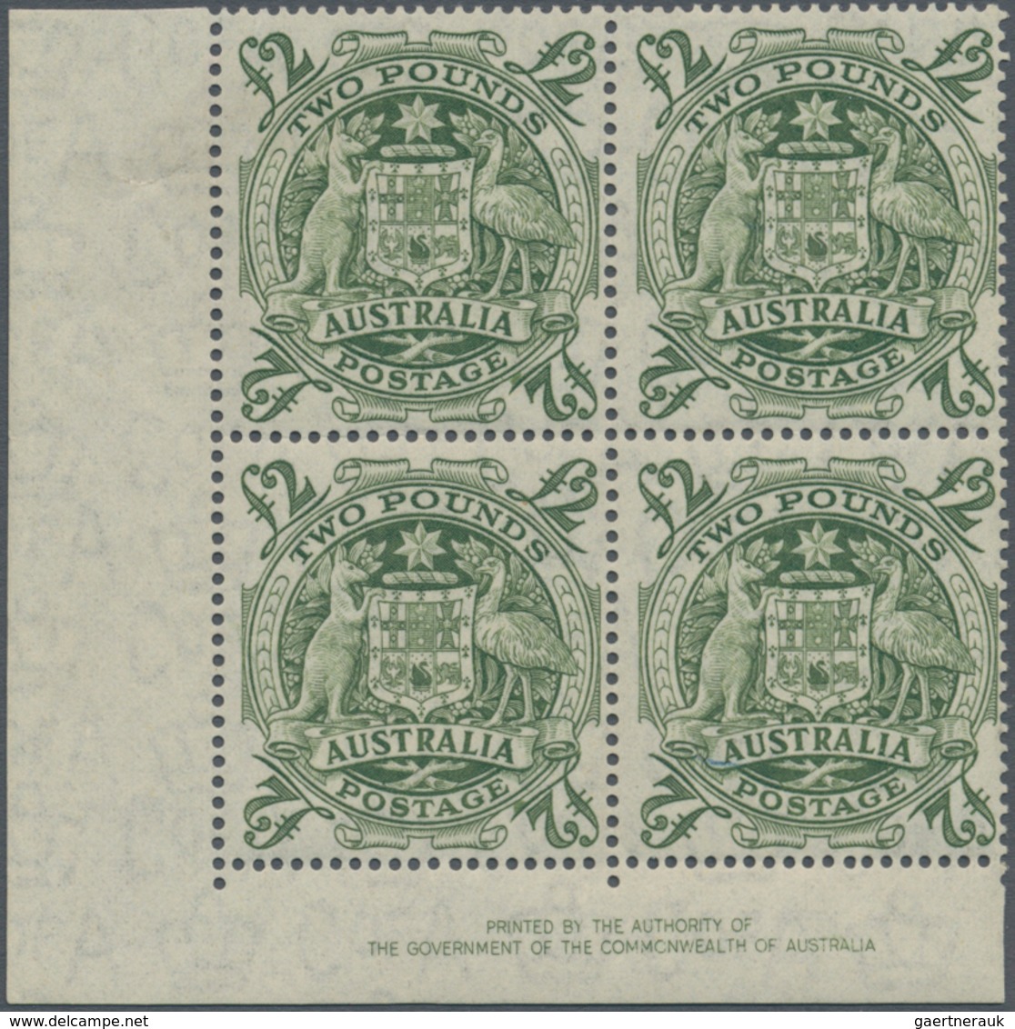 Australien: 1950, Coat Of Arms £2 Green Block Of Four From Lower Lower Left Corner With 'AUTHORITY' - Other & Unclassified