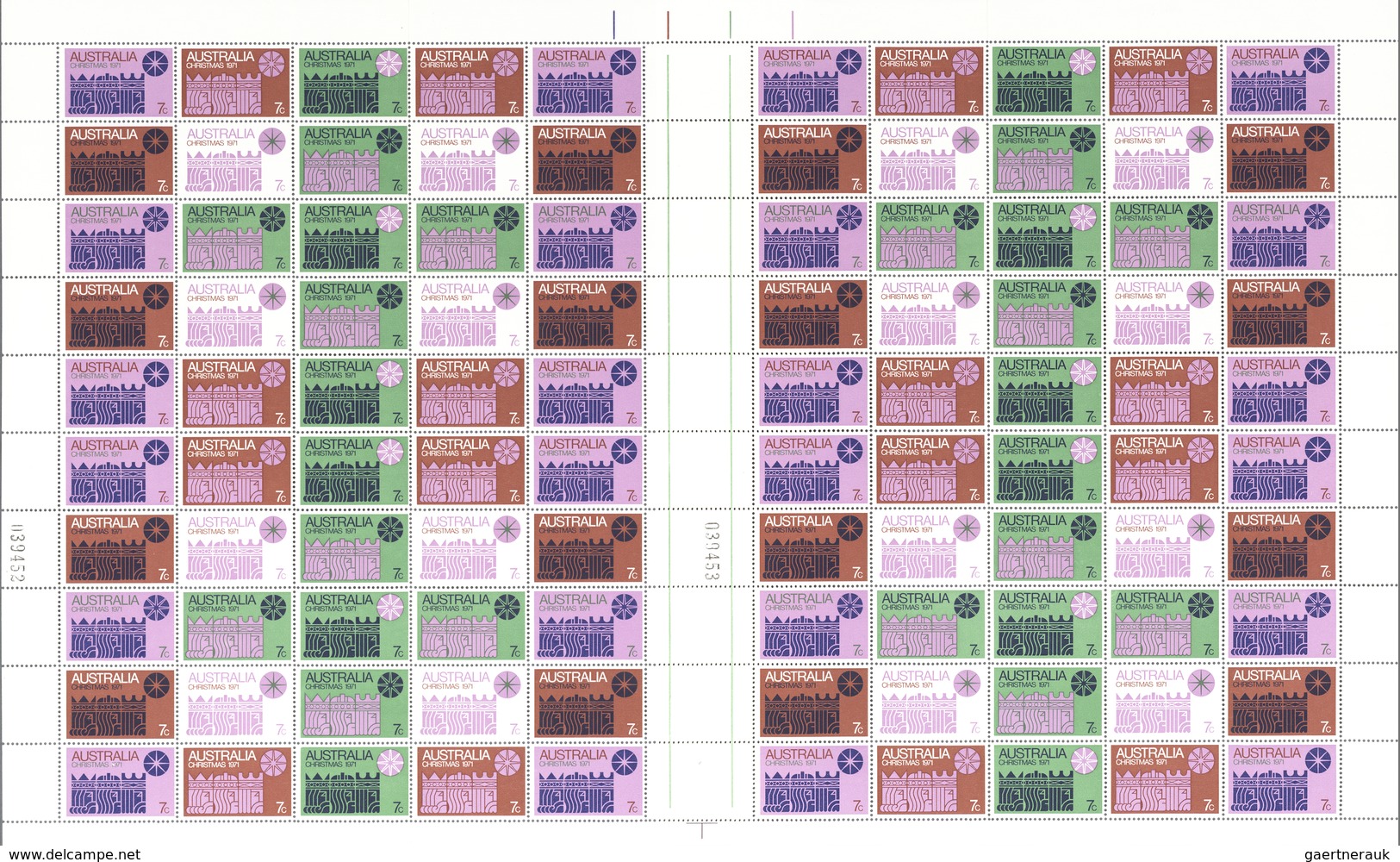 Australien: 1971, Christmas Complete Sheet With 100 Stamps And Vertical Gutter Between (vertical Tri - Andere & Zonder Classificatie