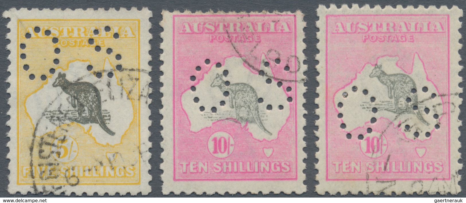 Australien - Dienstmarken Mit OS-Lochung: 1918, Kangaroos 3rd Wmk. 5s. Grey And Yellow And 10s. Grey - Dienstzegels