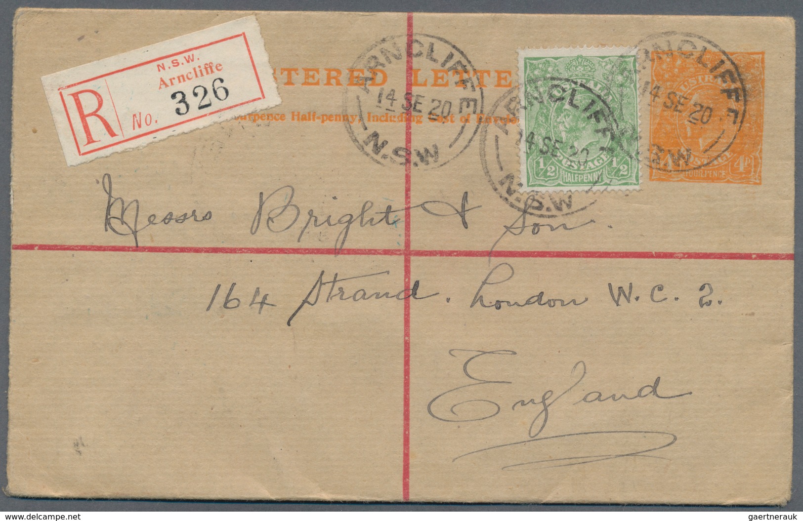 Australien - Ganzsachen: 1920 (14.9.), Registered Letter KGV 4d. Orange (NSW Stock With Red Star Opt - Postal Stationery