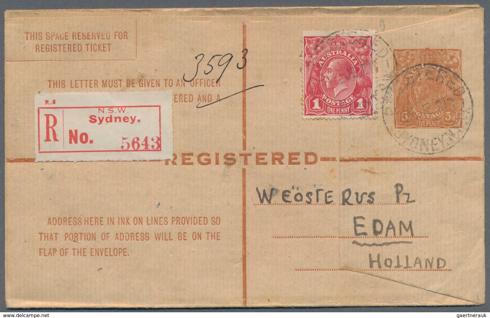 Australien - Ganzsachen: 1921 (16.6.), Registered Letter KGV 5d. Brown (squared Flap On Front) Uprat - Postal Stationery