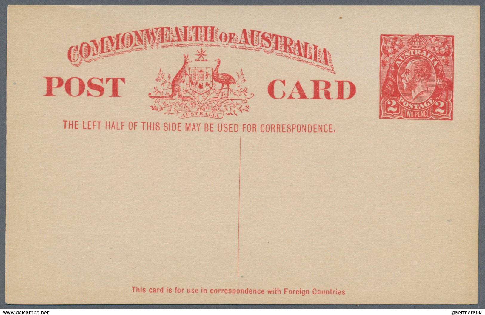 Australien - Ganzsachen: 1923, Postcard KGV 2d. Red For Use To Foreign Countries, Unused And Scarce, - Postal Stationery