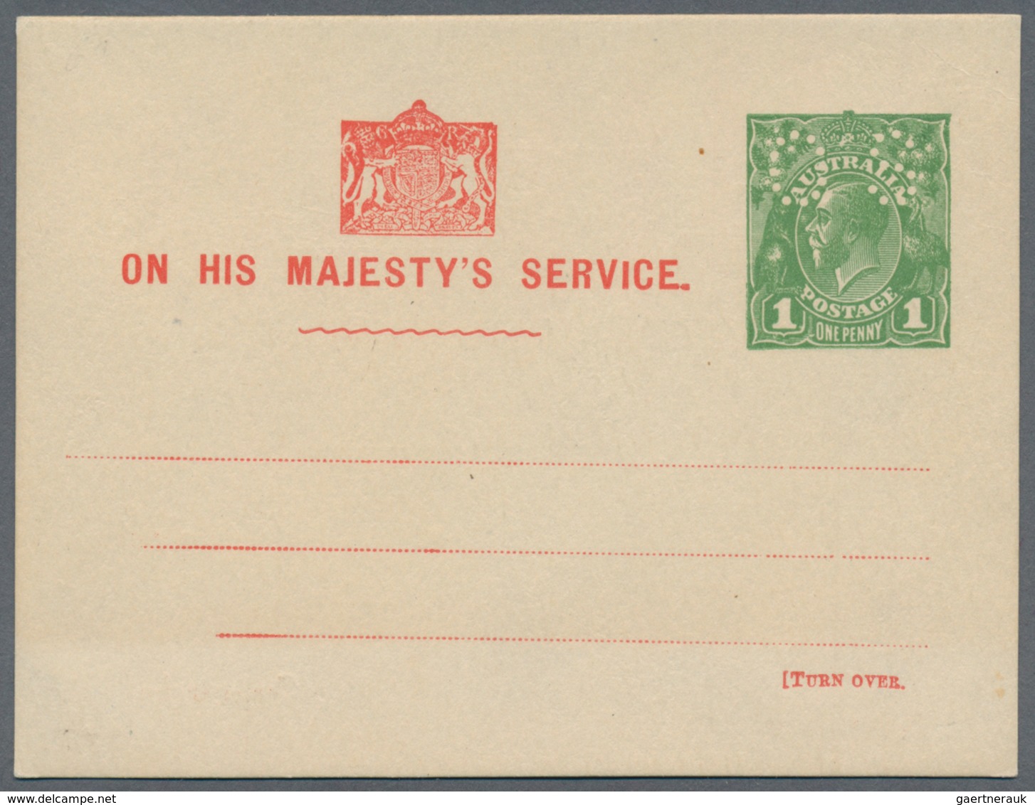 Australien - Ganzsachen: 1924, Official Postcard KGV 1d. Green With 'OS' In Colourless Dots, Fine Un - Postal Stationery