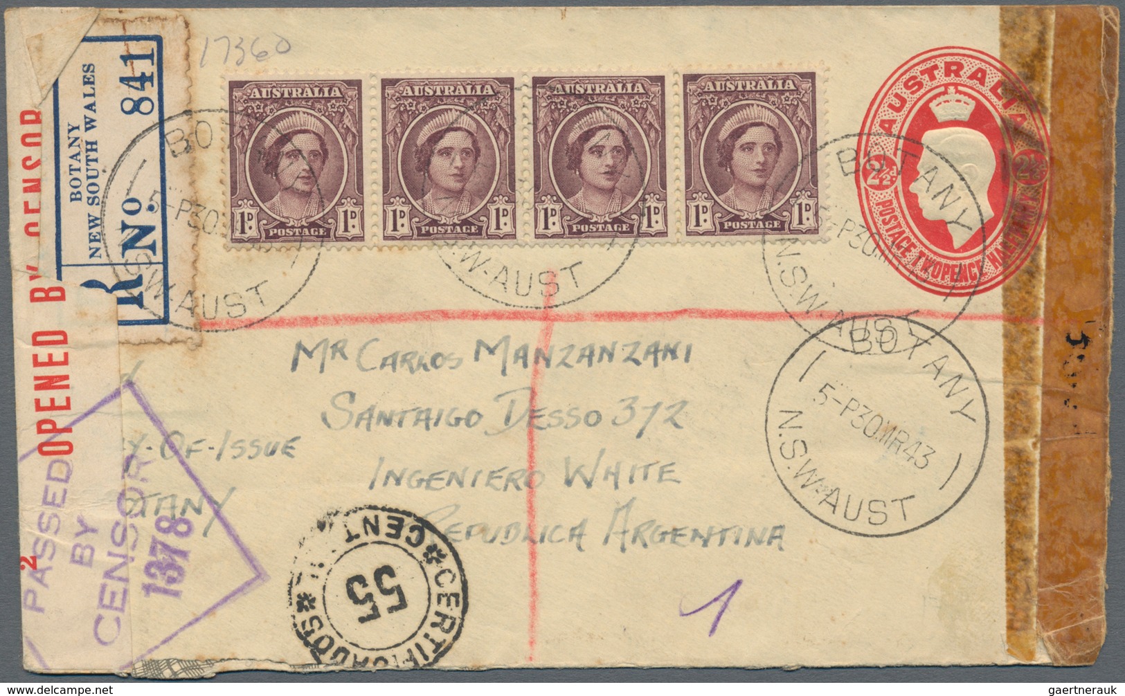 Australien - Ganzsachen: 1943, Envelope KGV 1d Uprated 1d (strip-4) Canc. "BOTANY 30 MR 43 NSW" Regi - Postwaardestukken