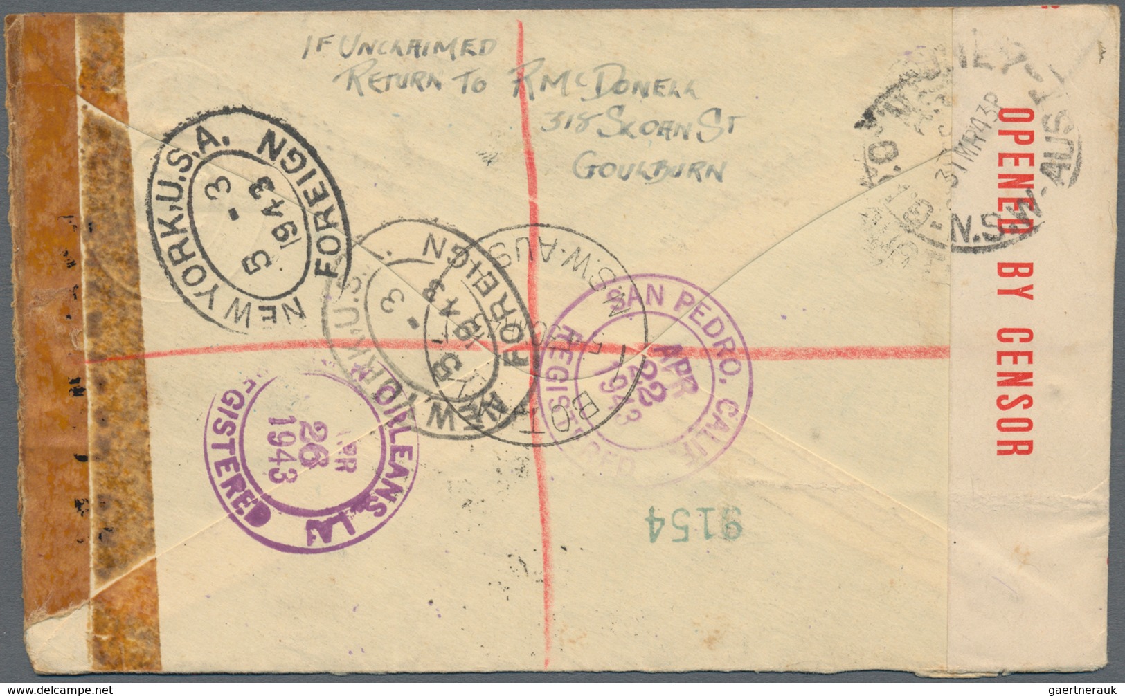 Australien - Ganzsachen: 1943, Envelope KGV 1d Uprated 1d (strip-4) Canc. "BOTANY 30 MR 43 NSW" Regi - Postal Stationery