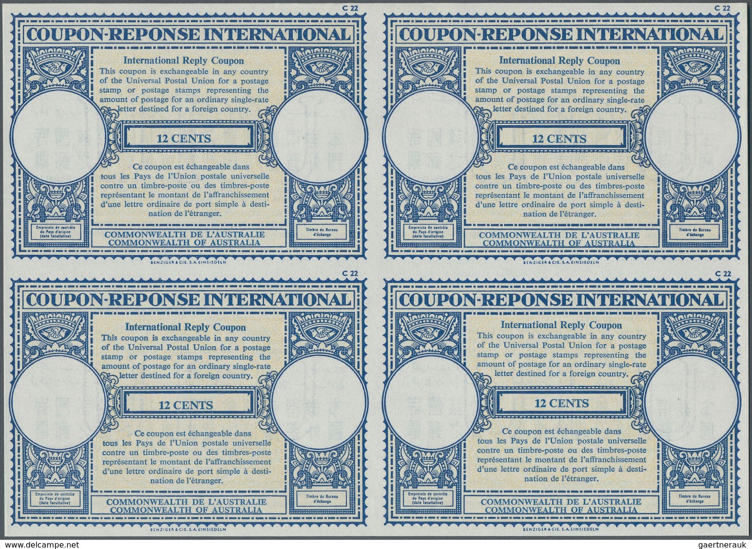 Australien - Ganzsachen: 1965. International Reply Coupon 12 Cents (London Type) In An Unused Block - Postwaardestukken