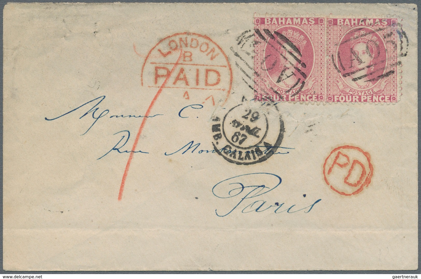 Bahamas: 1867 Cover To Paris Via London And Calais, Franked By Horizontal Pair Of 1863 4d. Pale Rose - Bahama's (1973-...)
