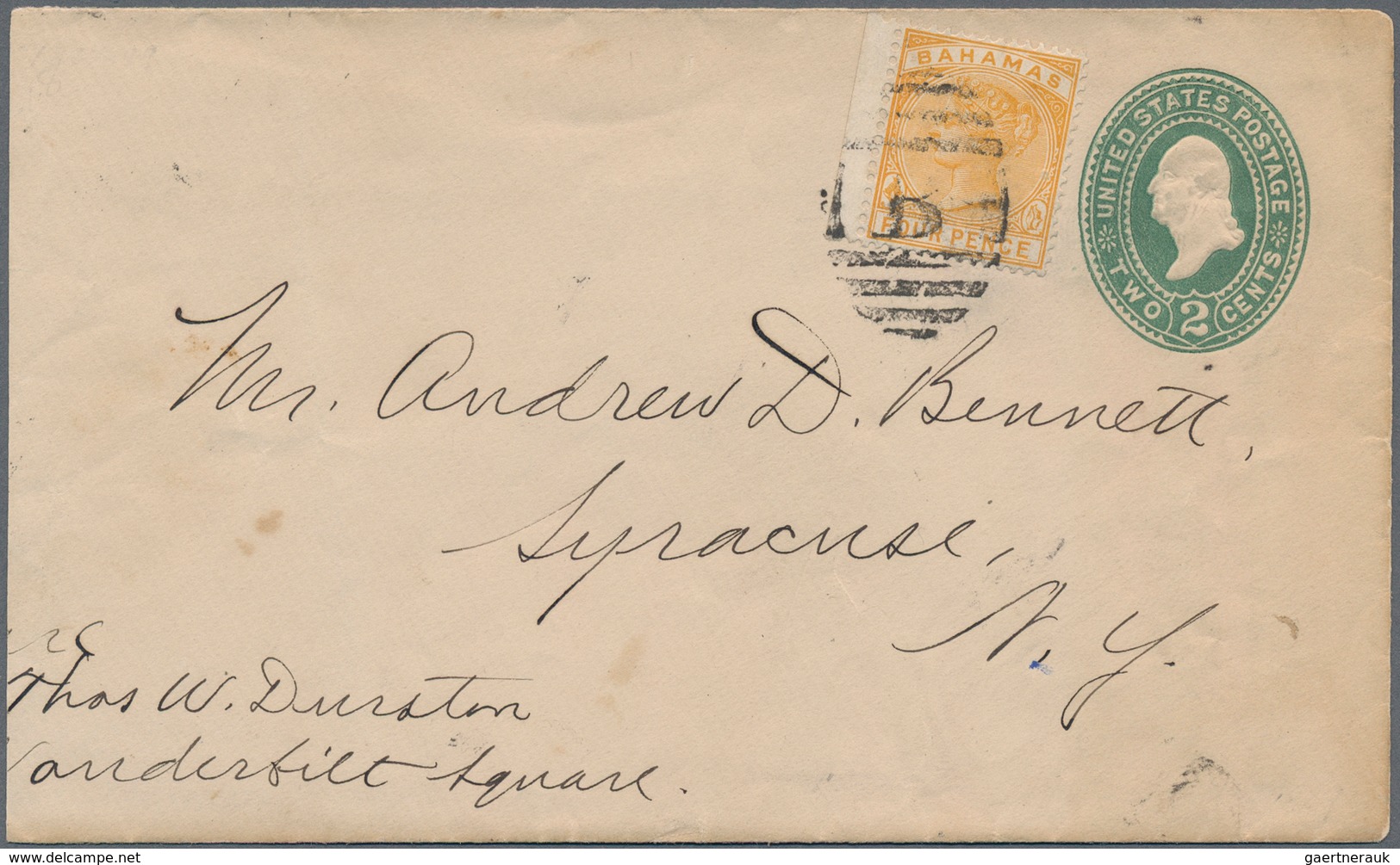 Bahamas: 1889 U.S 2c Postal Stationery Envelope ( Sc. U311, Slightly Reduced At Left) Franked Bahama - Bahamas (1973-...)