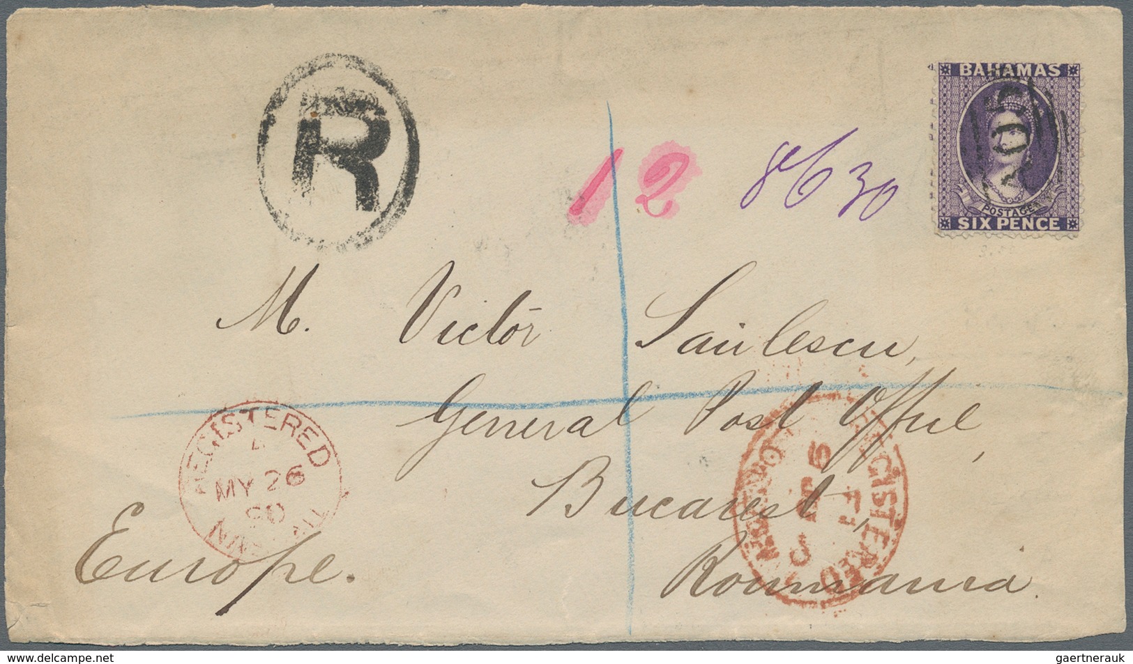 Bahamas: 1890 Destination RUMANIA: Front Of A Registered Cover To Bucarest, Rumania Via London, Fran - Bahamas (1973-...)