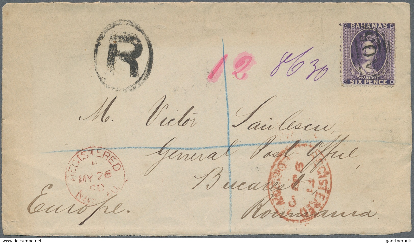 Bahamas: 1890 Destination RUMANIA: Front Of A Registered Cover To Bucarest, Rumania Via London, Fran - Bahama's (1973-...)