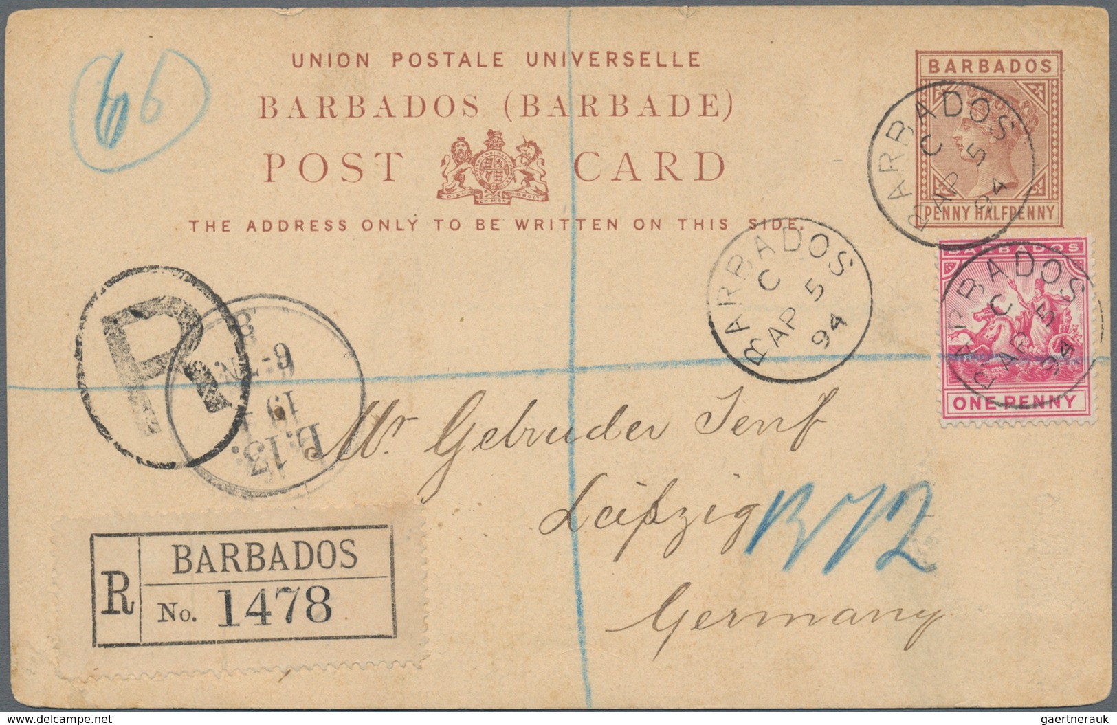 Barbados: 1894, Card QV 1 1/2d Uprated 1d Canc. "BARBADOS AP 5 94" Registered To Leipzig/Germany W. - Barbados (1966-...)