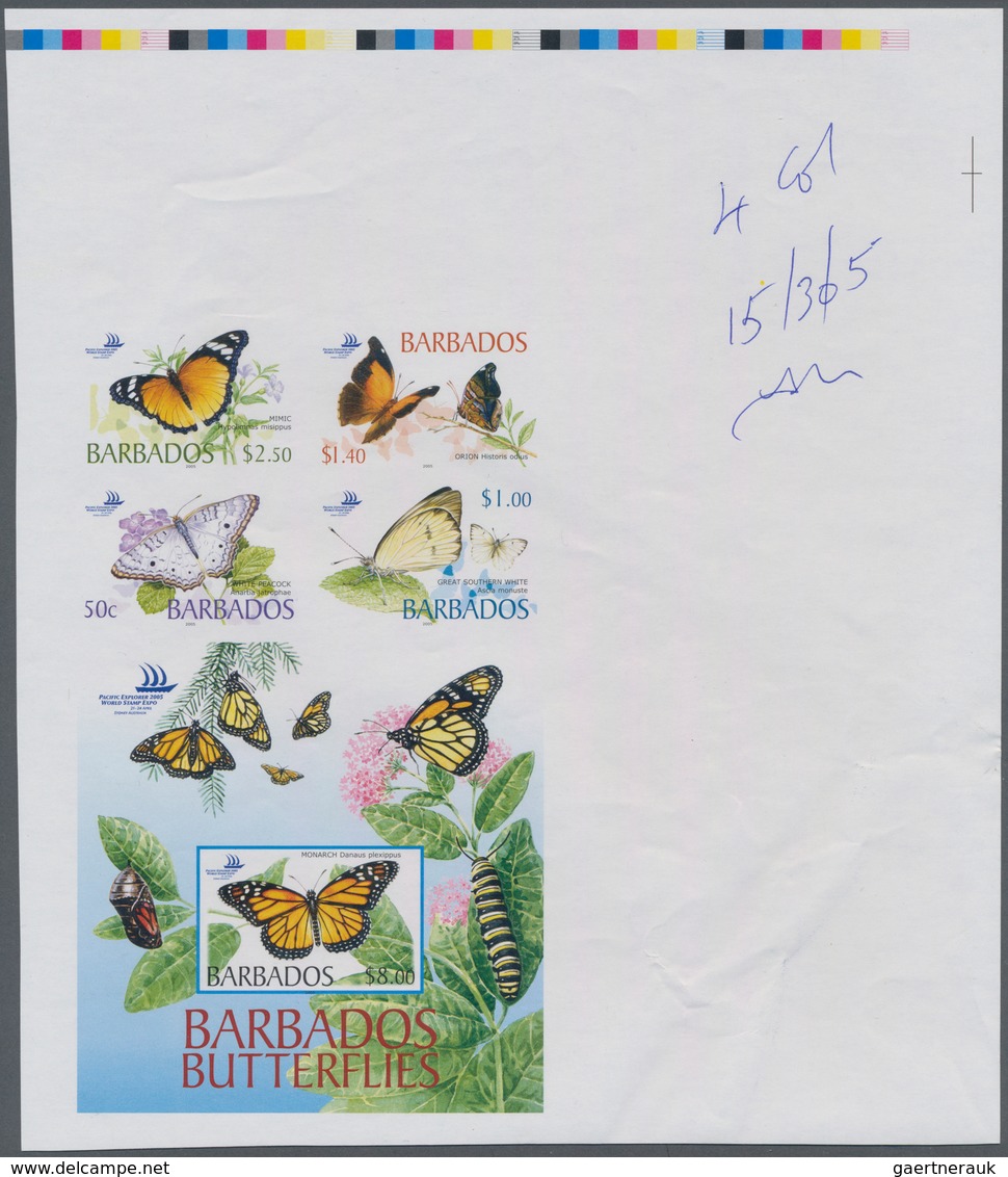 Barbados: 2005, Butterflies, Set And Souvenir Sheet, IMPERFORATE Proof Se-tenant Block With Traffic - Barbados (1966-...)