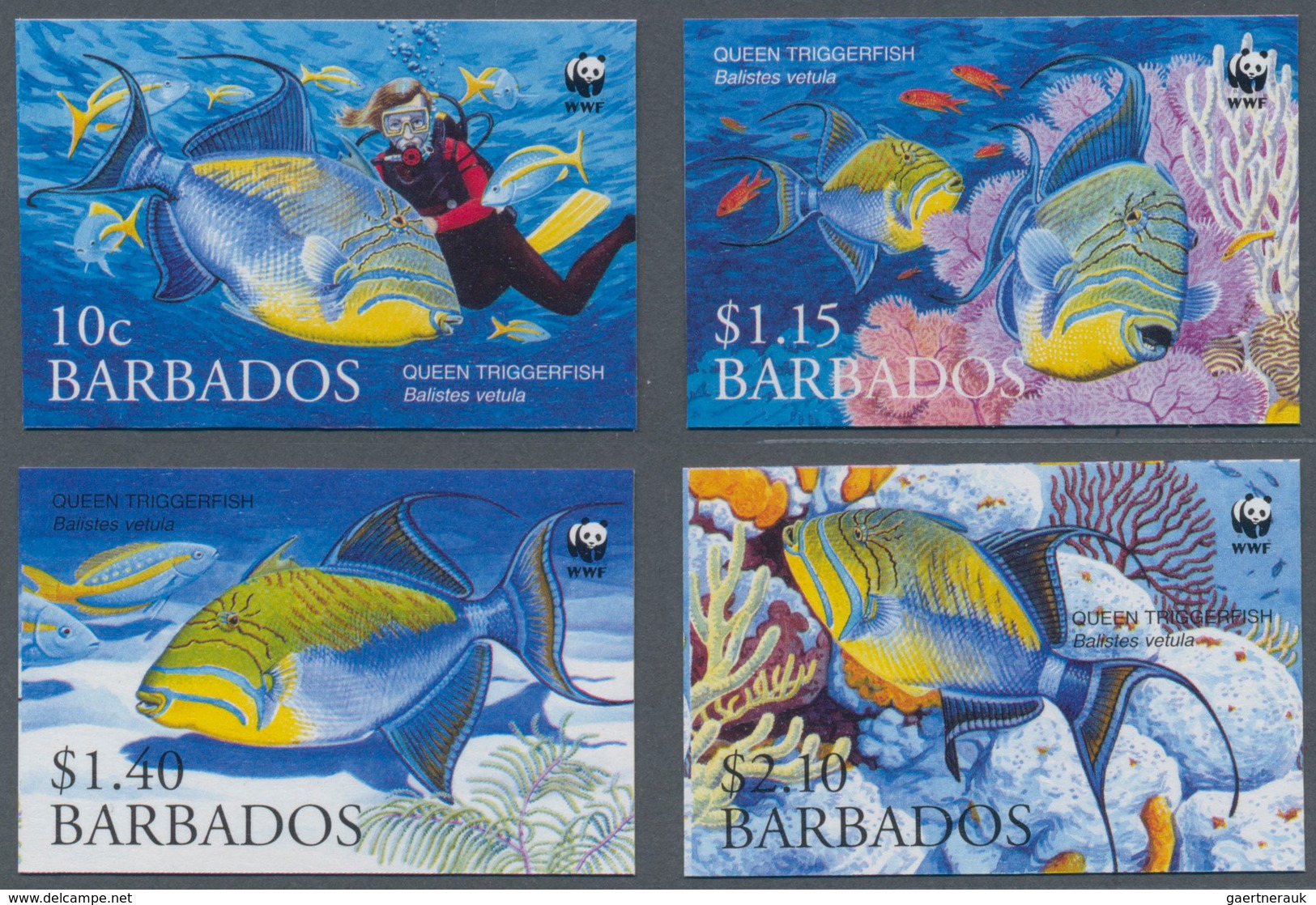 Barbados: 2006. Complete Set FISH (4 Values) In IMPERFORATE Single Stamps, Showing Queen Triggerfish - Barbados (1966-...)