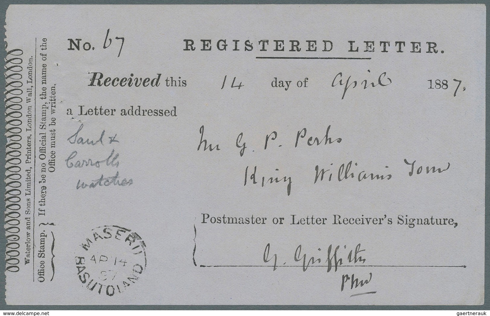 Basutoland: 1886/1887, Five 'Registered Letter Receipts' All Cancelled With Fine MASERU/BASUTOLAND C - 1933-1964 Crown Colony