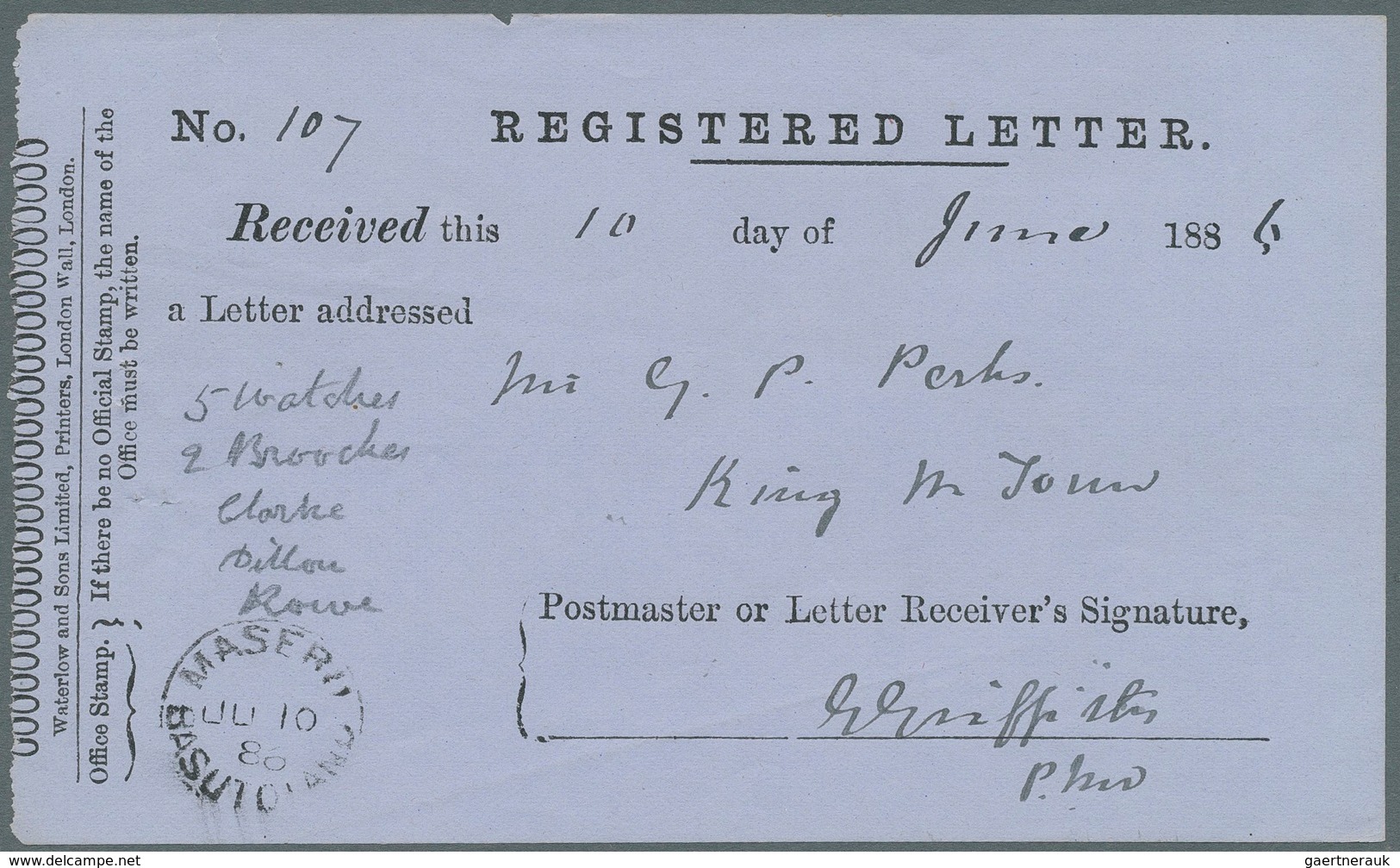 Basutoland: 1886/1887, five 'Registered Letter Receipts' all cancelled with fine MASERU/BASUTOLAND c