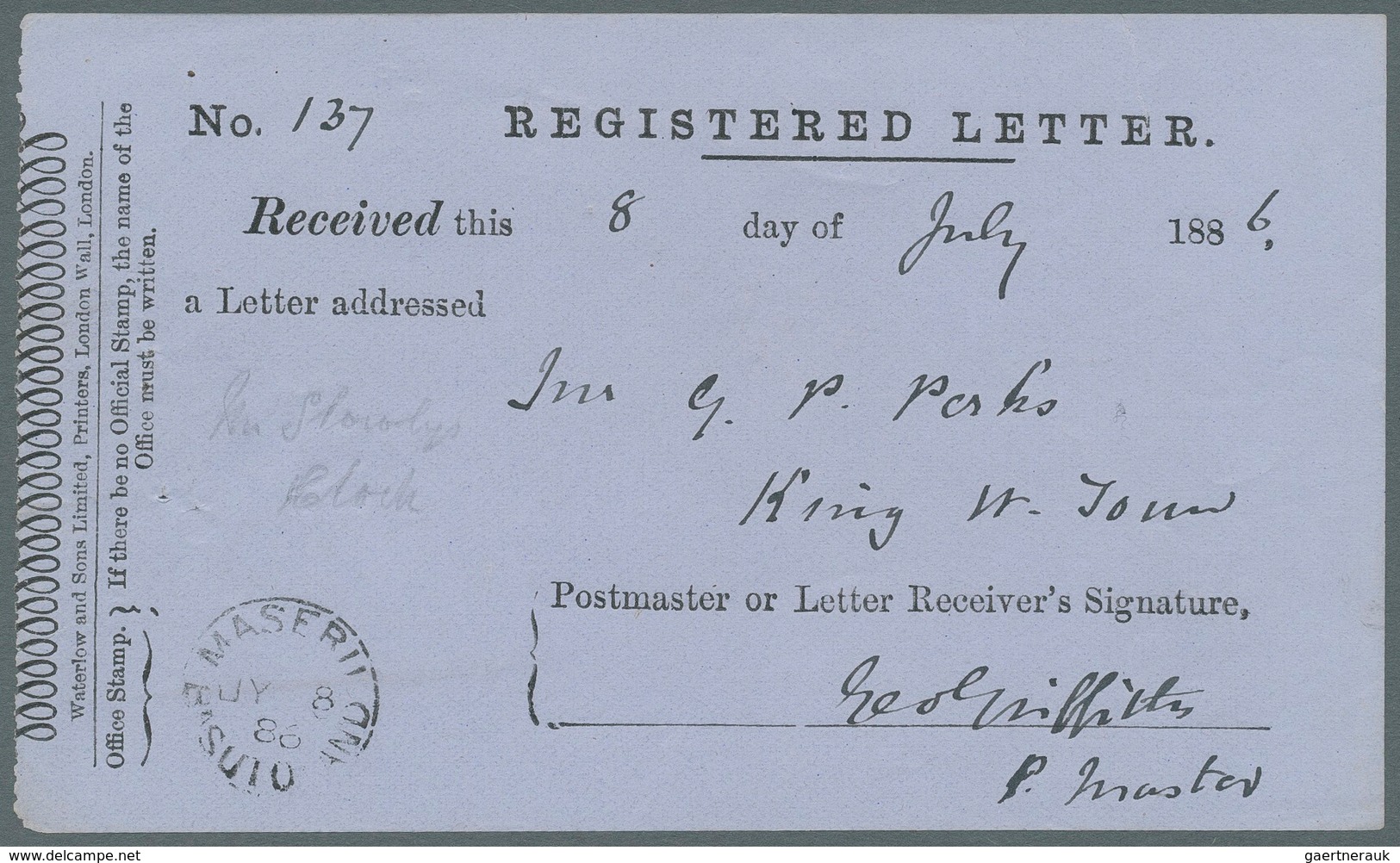 Basutoland: 1886/1887, five 'Registered Letter Receipts' all cancelled with fine MASERU/BASUTOLAND c