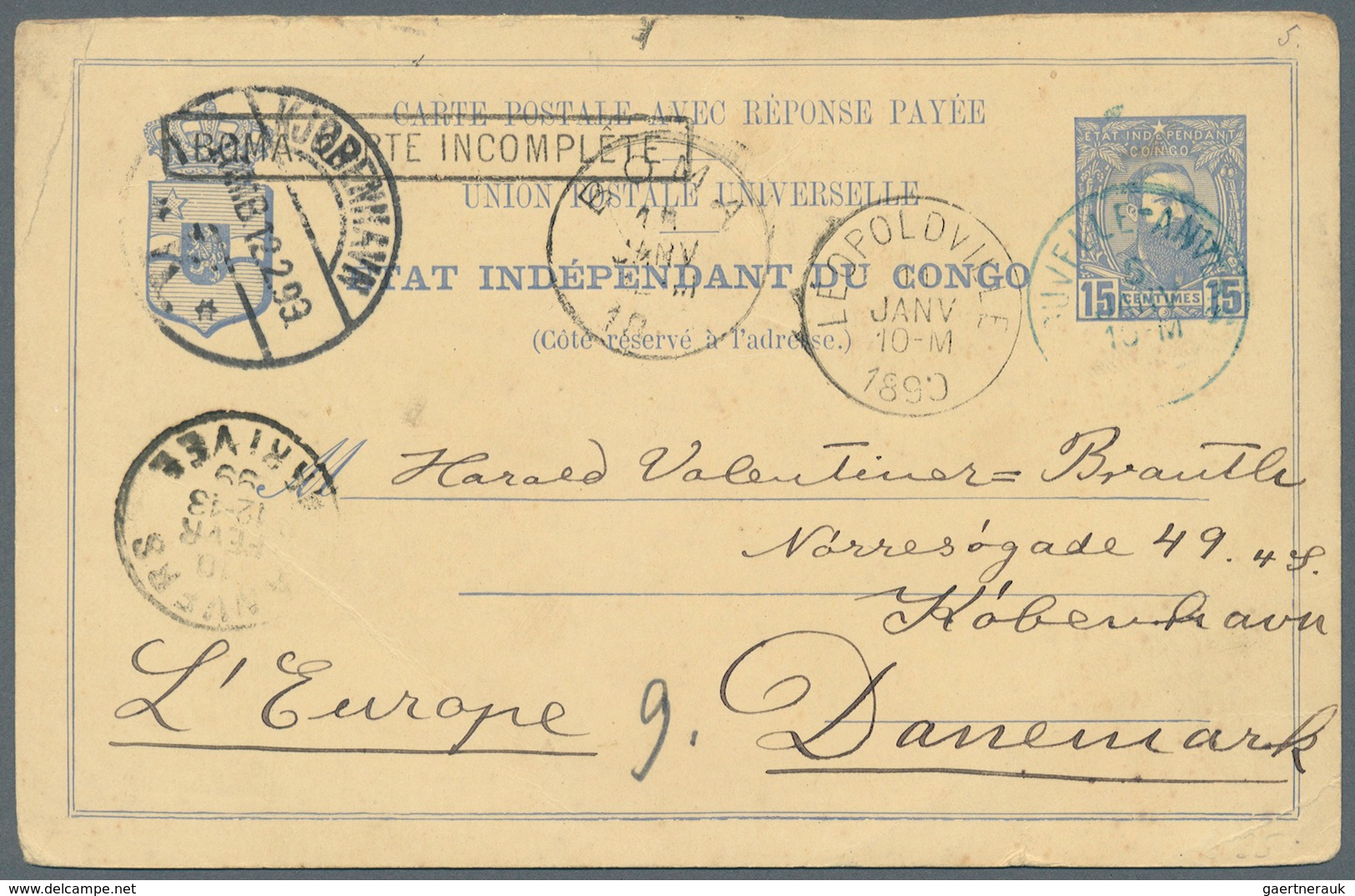 Belgisch-Kongo: 1890, Officially Separated Double Card 15 C Blue (some Crinkles) With Boxed "BOMA CA - Brieven En Documenten