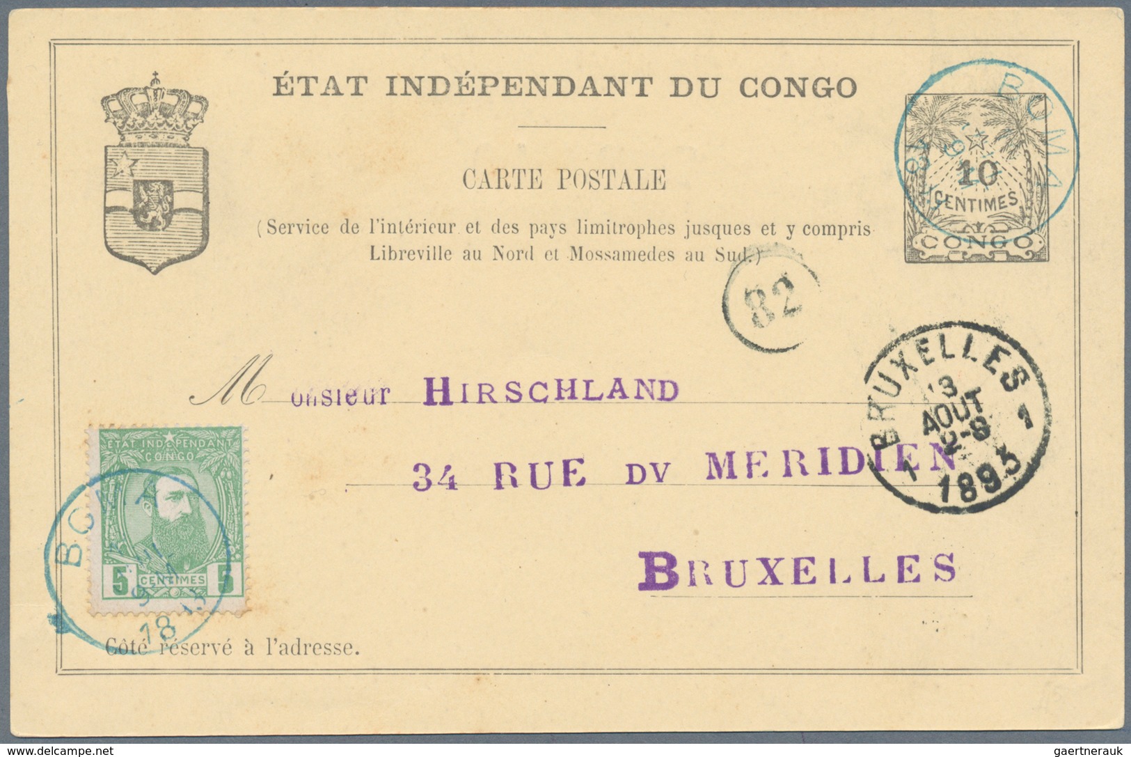 Belgisch-Kongo: 1893, 5 C Green Additional Franking On 10 C Black Postal Stationery Card, Cancelled - Brieven En Documenten