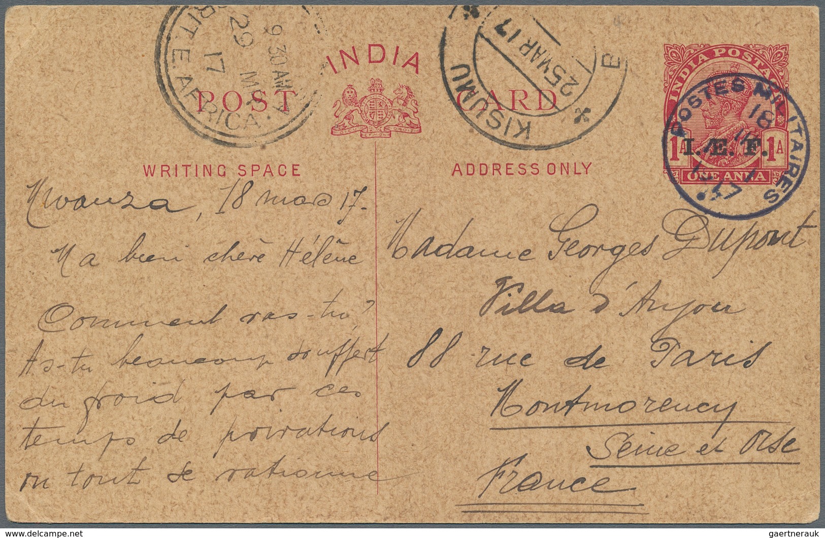 Belgisch-Kongo: 1917, Belgian Congo, Indian Expedition Force: Indian Stationery Card QV 1 Anna Carmi - Brieven En Documenten