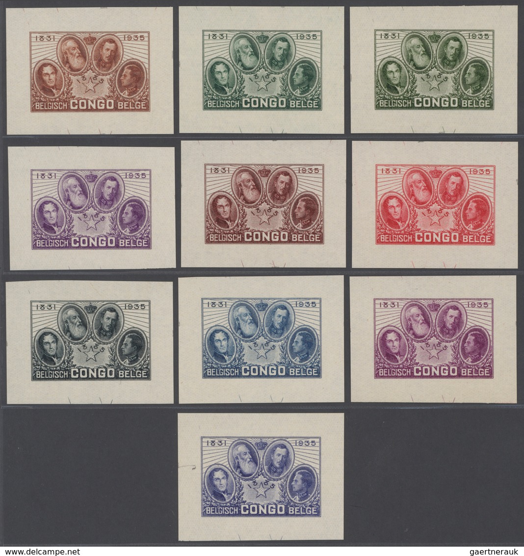 Belgisch-Kongo: 1935 Clp Set Of 10 Color Trials In Gravur Printing, Without Face Value , Imperf And - Brieven En Documenten