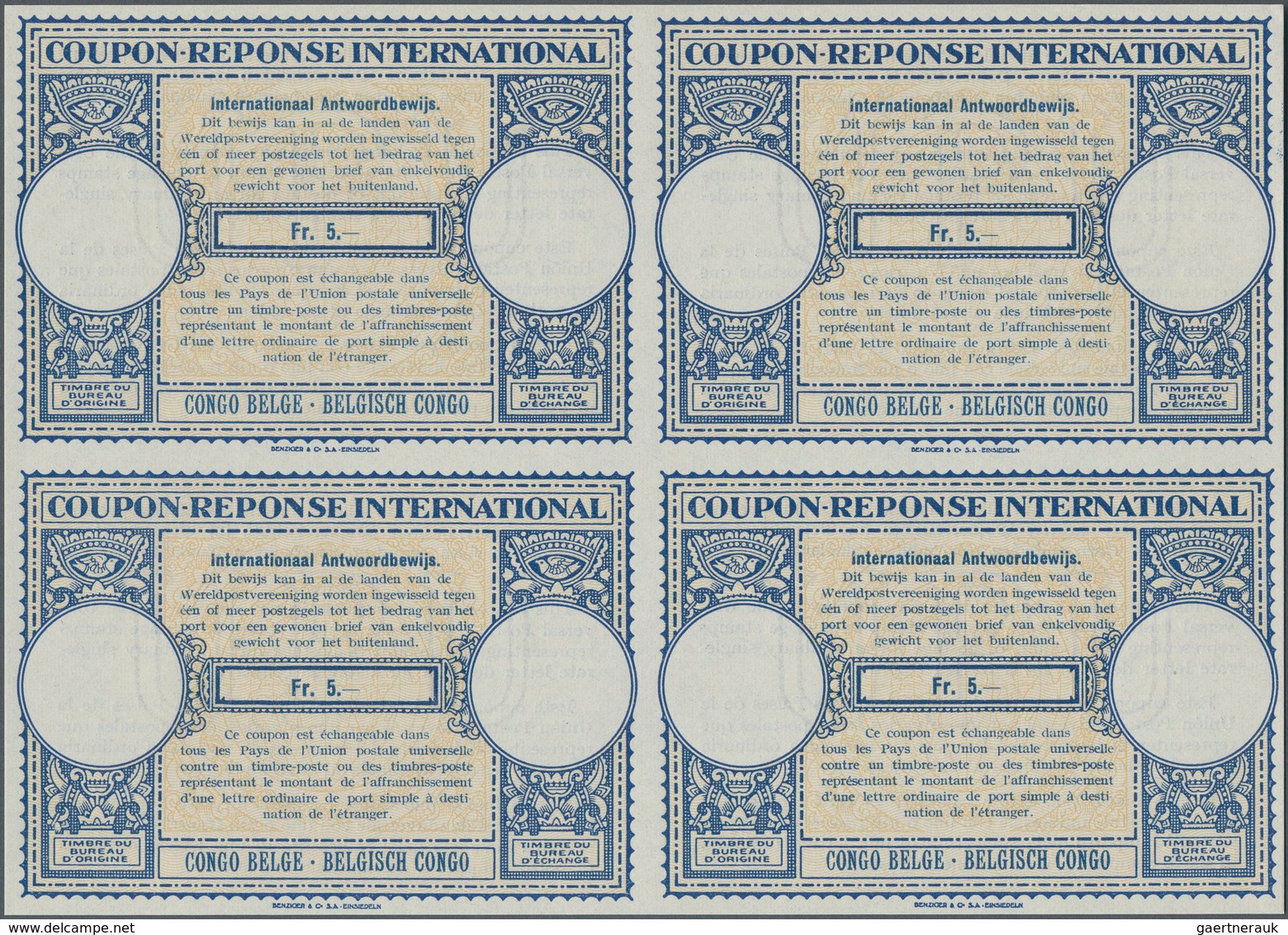 Belgisch-Kongo: 1947. International Reply Coupon Fr. 5.- (London Type) In An Unused Block Of 4. Issu - Brieven En Documenten