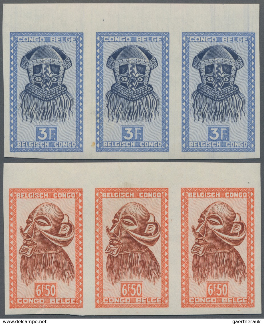 Belgisch-Kongo: 1949, African Art 3 Franc And 6,50 Franc Imperforated In Strip Of Three - Brieven En Documenten
