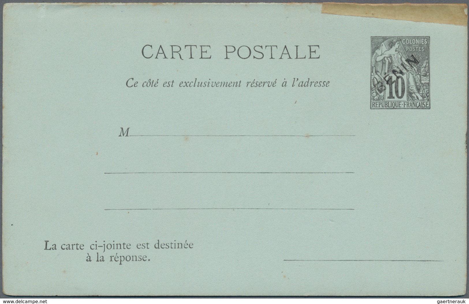 Benin: 1892 Postal Stationery Doublecard With Overprint Benin, Overprint Missing On Reply Part, Top - Benin - Dahomey (1960-...)