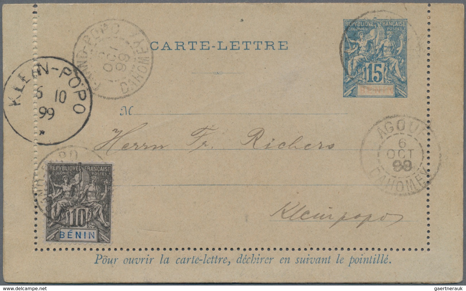 Benin: 1899 Postal Stationery Lettercard From Grand Popo/ Dahomey Via Agoué To Klein-Popo/Dahomey - Benin - Dahomey (1960-...)