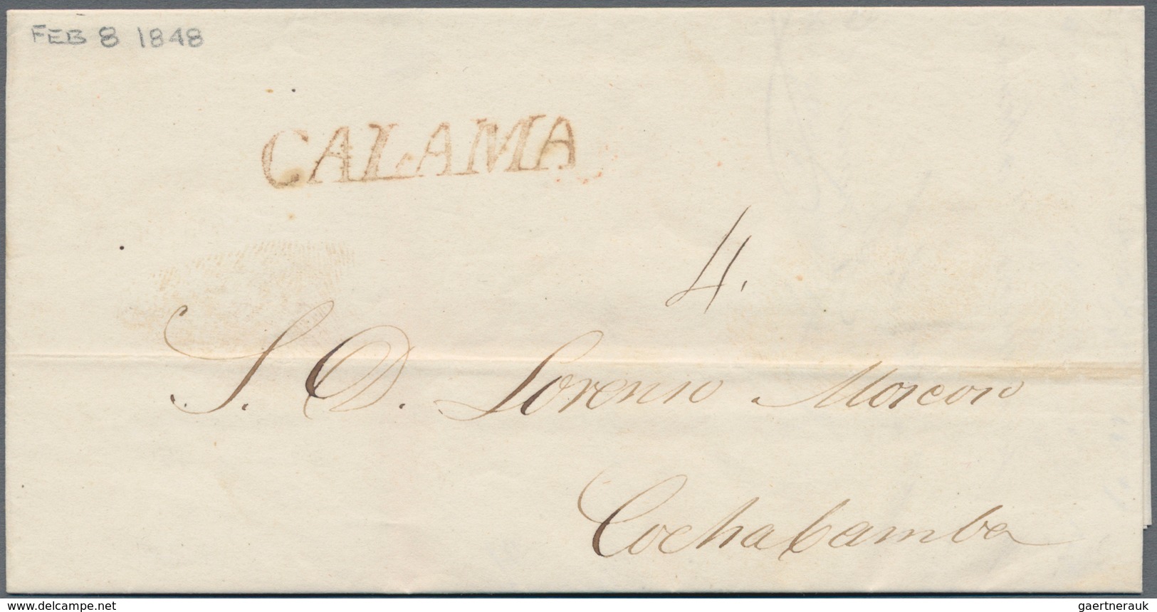 Bolivien: 1844, "CALAMA", Red Single Line On Folded Letter To Cochabamba. And Red POTOSI Transit Mar - Bolivië