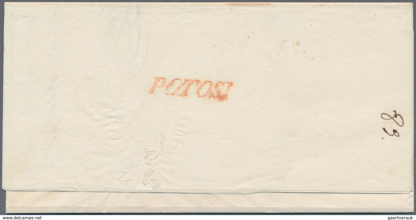 Bolivien: 1844, "CALAMA", Red Single Line On Folded Letter To Cochabamba. And Red POTOSI Transit Mar - Bolivia