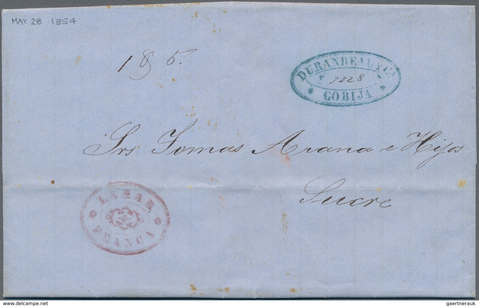 Bolivien: 1854, Folded Letter From COBITA To SUCRE Written On 28 May 1854. With Oval Forwarding Agen - Bolivia