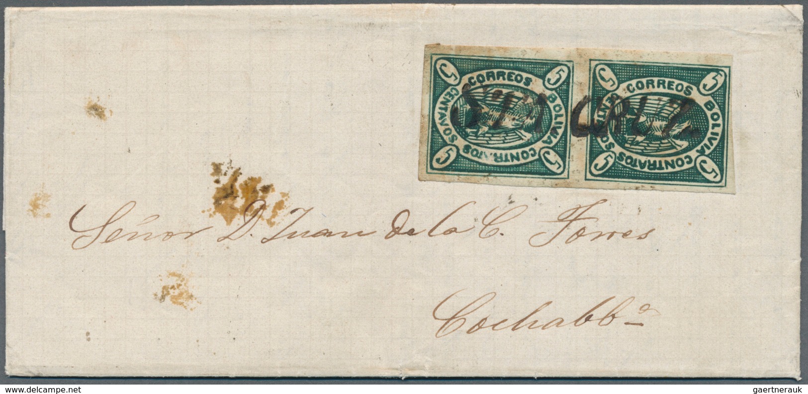 Bolivien: 1867, Condor 5 C Deep-green, Position 39/51, Vertical Pair Tied By Single-line "STA. CRUZ" - Bolivia