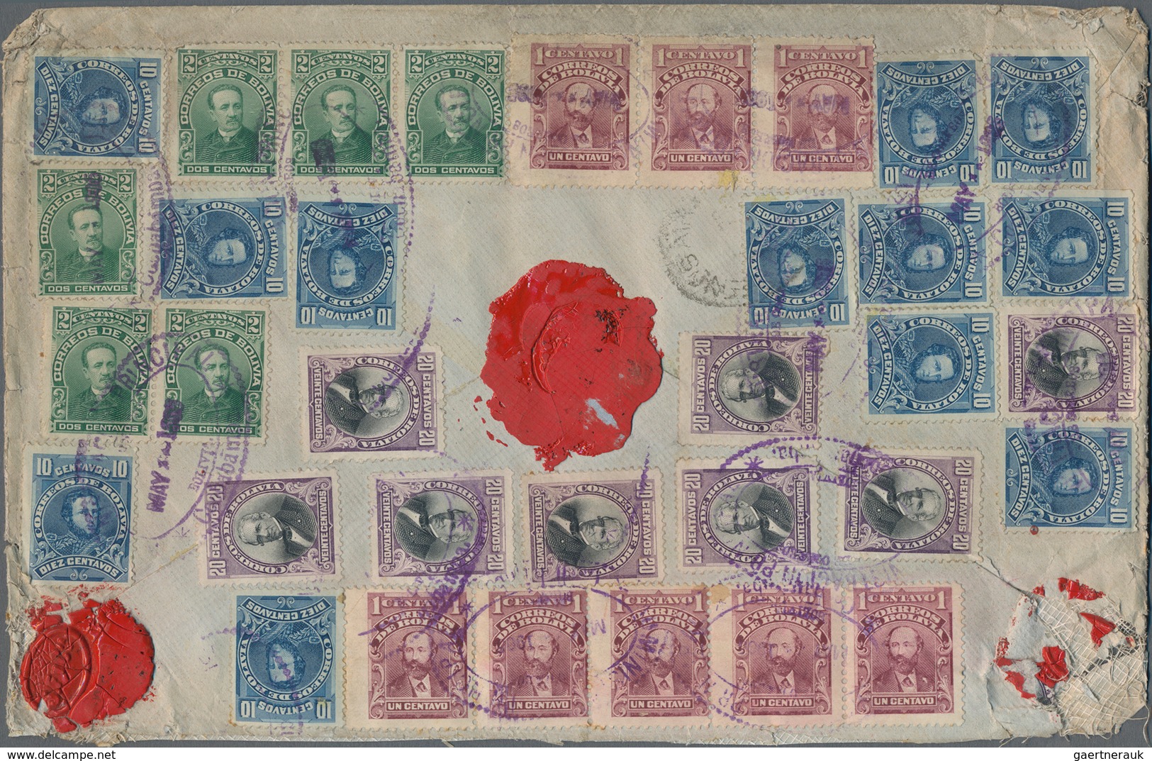 Bolivien: 1905, Very Decorative Registered Letter With Bulk Franking Of Thirty-five Items On Reverse - Bolivië
