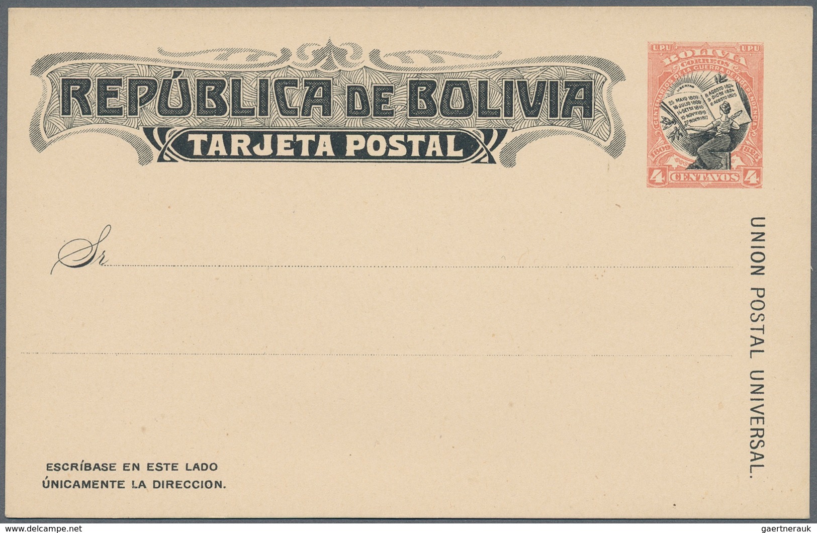 Bolivien: 1909, 4 Ct Rose/black Independence War, Unlisted Essay Of Postal Stationery Card. VF Mint - Bolivia