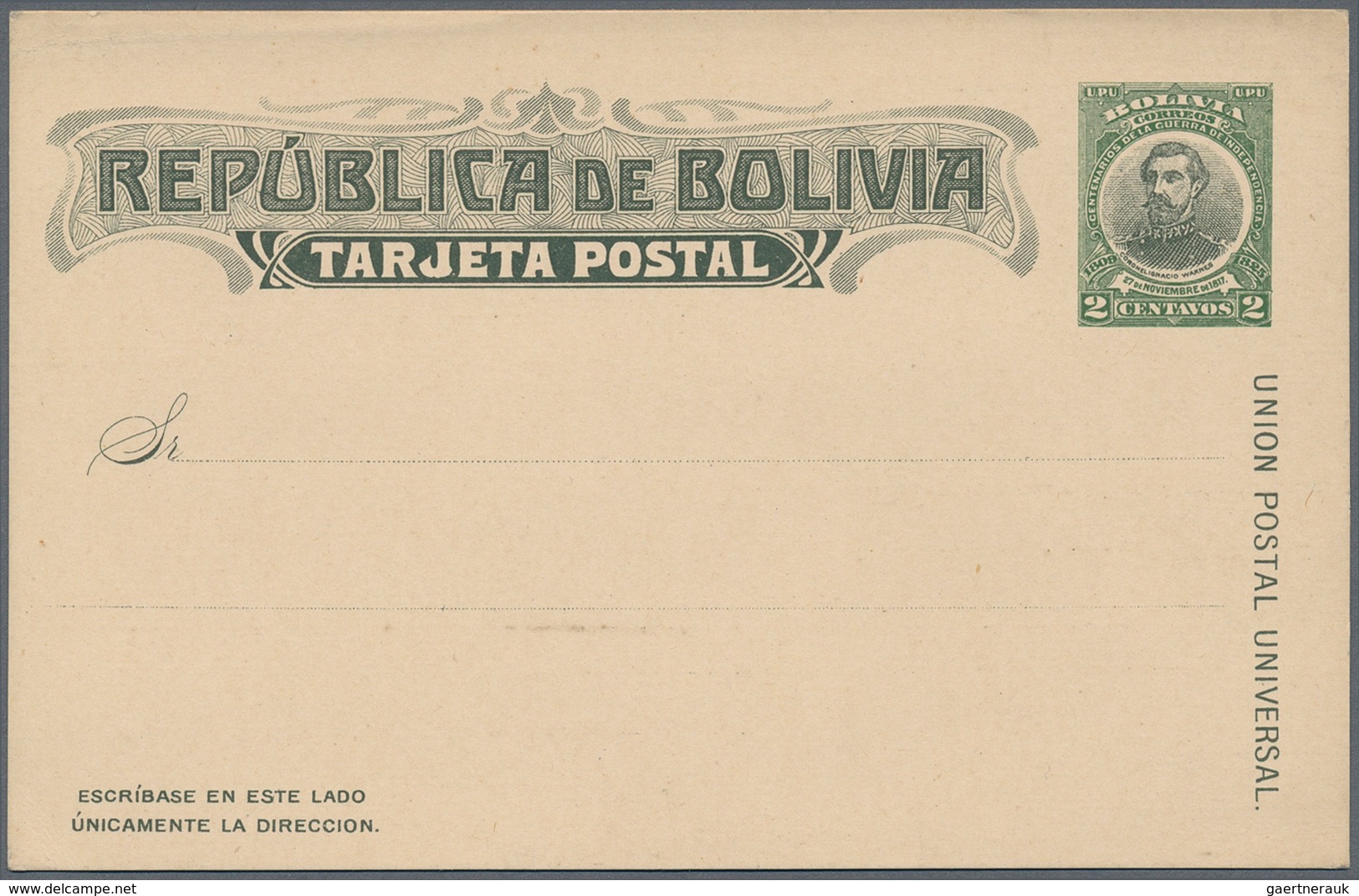 Bolivien: 1909, 2 Ct Olive-green/black I.Warnes, Unlisted Essay Of Postal Stationery Card (similar T - Bolivië